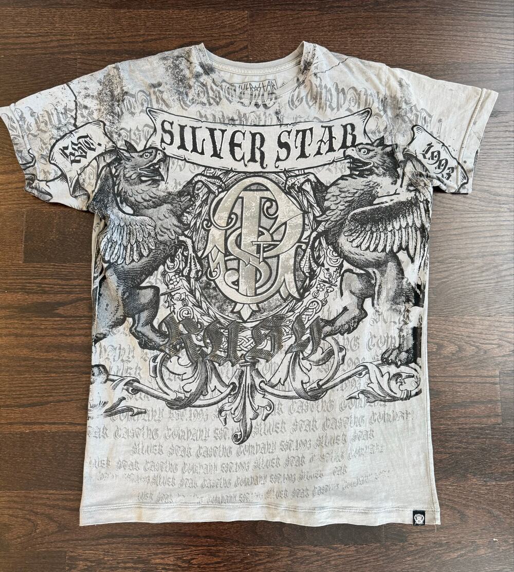 Silver Star graphic short sleeve t-shirt with crow illustration and gothic lette